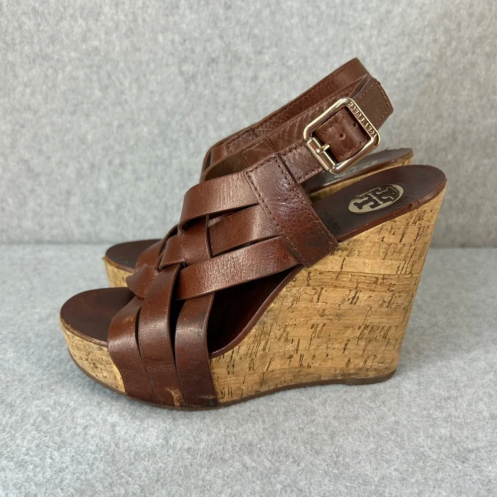 Tory Burch Ace Wedge Heels Brown Sienna Leather Strappy Cork Sandals Size‎ 7 M